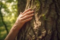 Hand hugs a tree trunk in the forest. Concept for protection against deforestation, climate change and pollution. Generative AI Royalty Free Stock Photo