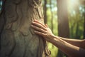 Hand hugs a tree trunk in the forest. Concept for protection against deforestation, climate change and pollution. Generative AI Royalty Free Stock Photo