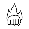 Hand human fist protesting with fire flame line style icon