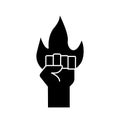 Hand human fist protesting with fire flame silhouette style icon