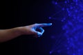 hand human touch on hologram ai, system of social network circle data, finger push on global futuristic of robotic