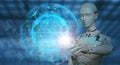 Hand humanoid robot touch global futuristic network connection. 3D rendering futuristic robot technology development, AI, and mach