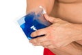 Hand with ice gel pack on elbow Royalty Free Stock Photo