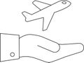 Airplane in Hand Outline Icon, Travel Insurance Concept Royalty Free Stock Photo