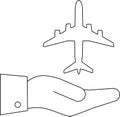 Airplane in Hand Outline Travel Concept, Flight Booking Royalty Free Stock Photo