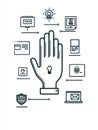 A hand icon moves toward a computer screen filled with various security and settings symbols, highlighting digital