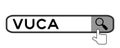 Hand icon over magnifier to find word VUCA abbreviation of Volatility, uncertainty, complexity and ambiguity in search banner