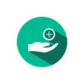 Hand icon and pharmacy cross with shadow on a green circle. Vector pharmacy illustration