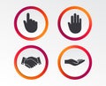 Hand icons. Handshake and click here symbols. Royalty Free Stock Photo