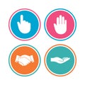 Hand icons. Handshake and click here symbols. Royalty Free Stock Photo