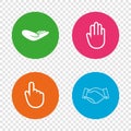Hand icons. Handshake and click here symbols. Royalty Free Stock Photo