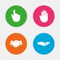 Hand icons. Handshake and click here symbols. Royalty Free Stock Photo