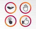 Hand icons. Like thumb up and click here symbols. Royalty Free Stock Photo