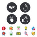 Hand icons. Like thumb up and click here symbols. Royalty Free Stock Photo