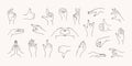 Hand icons. Line finger pointing, different gestures, outline arm hold, sketch love sign, open woman fist, peace and