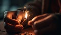 Hand igniting candle, glowing flame illuminates spirituality generative AI