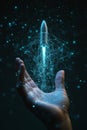 A hand illuminated by soft blue light holds a rocket ship icon with digital network lines radiating Royalty Free Stock Photo
