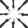 Hand with index finger. Silhouettes hands. Teamwork, collaboration, voting, volunteering concert. Vector illustration Royalty Free Stock Photo