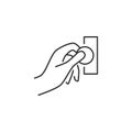 Hand Insert Coin Into Coin Acceptor Vector Line Icon.