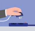 Hand insert or pull out electric socket from terminal outlet, save electricity usage in flat illustration vector Royalty Free Stock Photo