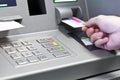 Hand inserting ATM credit card into bank machine to withdraw mon Royalty Free Stock Photo