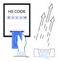 Hand inserting banknote near HS code screen with arrows symbolizing trade growth and export flow Royalty Free Stock Photo