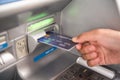 Hand inserting with a credit card into bank machine . Man using Royalty Free Stock Photo