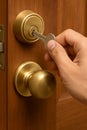 Hand Inserting Key into Brass Deadbolt (Close-Up) Royalty Free Stock Photo