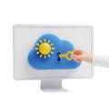 A hand inserting a key into a cloud with a sun symbol on a computer screen Royalty Free Stock Photo