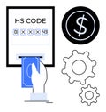 Hand inserting money with HS code display, currency symbol, and cogwheels representing trade and economy Royalty Free Stock Photo