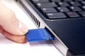 Hand inserting SD card in laptop Royalty Free Stock Photo