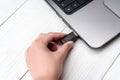 Hand inserting USB flash drive into laptop computer on white background. Close up of woman hand plugging pendrive on laptop.