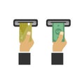 Hand inserts a credit card into ATM and Hand takes the money from the ATM. Bankomat hand. Card usage, terminal usage Royalty Free Stock Photo