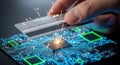 Hand inserts futuristic data chip into glowing circuit board for advanced technology Royalty Free Stock Photo