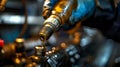 Hand installing a spark plug in an engine. Royalty Free Stock Photo