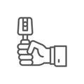 Hand with instrument for eye examination line icon.