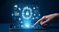 Hand interacting with blue digital cloud security interface on tablet Royalty Free Stock Photo