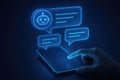 Hand interacting with a chatbot interface projected from a smartphone screen artificial intelligence Royalty Free Stock Photo