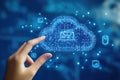 Hand interacting with a cloud computing system representing data storage and sharing Royalty Free Stock Photo