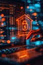 Hand interacting with cybersecurity data on a laptop, featuring a secure house icon