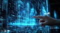 Hand Interacting with Digital Cityscape on Screen Royalty Free Stock Photo