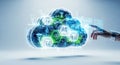 Hand Interacting with Digital Cloud on White Background: Blue Green Tech Network, Cloud Computing Data Safety, Futuristic Royalty Free Stock Photo
