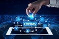 Hand Interacting with Digital Coding Interface Showcasing Data Structure, Testing, Process and Source Code on Tablet Royalty Free Stock Photo