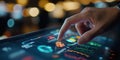 Hand interacting with digital dashboard displaying analytics data