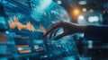 Hand interacting with digital data on screen