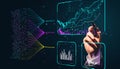 Hand interacting with digital financial data charts and algorithmic lines on a futuristic interface