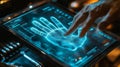 Hand interacting with digital handprint scan on futuristic screen Royalty Free Stock Photo
