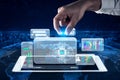 Hand Interacting with Digital Interface of Artificial Intelligence Technology on a Tablet Over a Global Background Quark Royalty Free Stock Photo