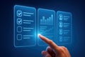 Hand Interacting with Digital Interface Featuring Checklist and Data Analysis finger touch Royalty Free Stock Photo