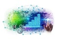 Hand interacting with digital interface featuring light bulb, gears, and data charts in a colorful network Royalty Free Stock Photo